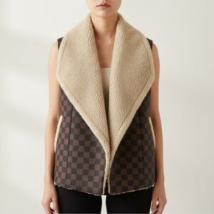 Judith March Brown Checkered Sherpa Lined Open Front Vest Size S